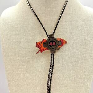 Vintage Y2K Oso Negro New Mexico 44 Zia Sun Bolo Tie Gold Tone Black Leather 90s